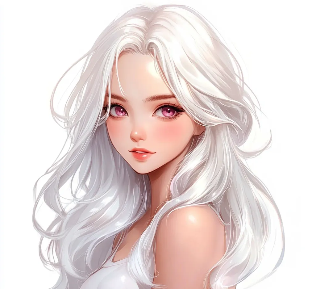 A digital painting of a young woman with long, flowing white hair and vibrant purple eyes.  Her skin is pale with a delicate blush on her cheeks. She's depicted from the shoulders up, wearing a simple white top, and gazing softly at the viewer. The style is anime-inspired, with a focus on smooth lines and soft, ethereal coloring.