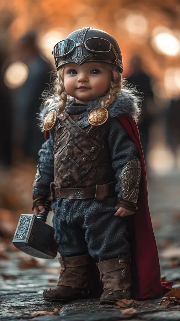 A toddler is dressed in a meticulously crafted Thor costume.  The outfit includes a dark helmet with goggles, a detailed armored tunic, and a flowing red cape.  The child holds a miniature replica of Thor's hammer, Mjolnir.  Braided blonde hair peeks out from under the helmet, completing the adorable, fierce look. The background is blurred, focusing attention on the charmingly costumed child.