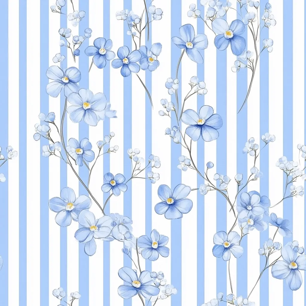 A seamless pattern features delicate light blue forget-me-not flowers and small white blossoms arranged on slender stems.  The floral design is set against a backdrop of vertical light blue and white stripes, creating a fresh and airy aesthetic. The watercolor-style flowers add a soft, romantic touch to the striped background.  The overall effect is charming and suitable for various applications.
