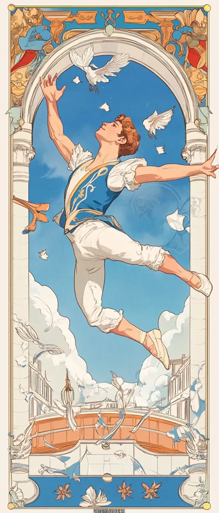 A male ballet dancer, wearing a blue and white costume, leaps gracefully against a backdrop of a blue sky and white clouds.  He is framed by an ornate archway, reminiscent of Art Nouveau architecture.  Doves flutter around him, adding to the ethereal quality of the scene. Below, a stylized cityscape is visible, suggesting a Venetian setting. The overall style is elegant and dreamlike.