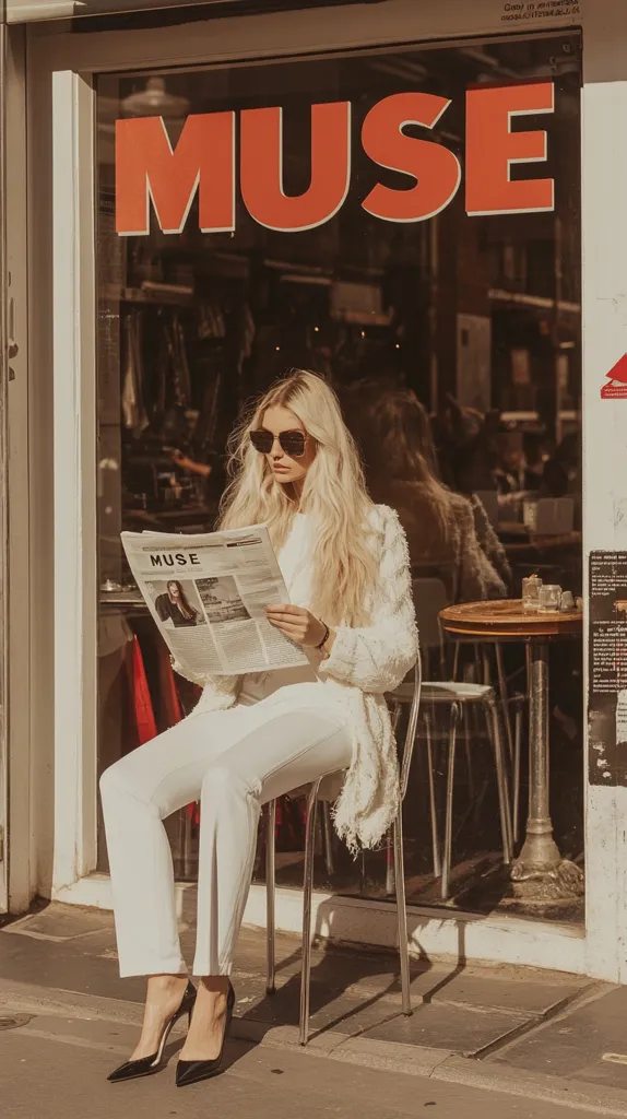 A stylish blonde woman in a white pantsuit and sunglasses sits outside a cafe.  She's reading a newspaper with the word "Muse" prominently displayed. The cafe window features the same word in large, orange lettering. The overall scene is sun-drenched and evokes a sense of Parisian chic.  She wears black high heels.