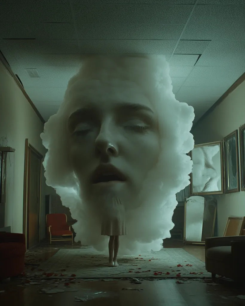A surreal image depicts a giant, cloud-like face encompassing a small woman in a long dress. The face, with eyes closed, floats in a dimly lit hallway of an old building, flanked by ornate mirrors reflecting indistinct figures. Scattered petals on the floor add to the dreamlike atmosphere, suggesting a melancholic or unsettling mood.  The overall effect is one of mystery and unease.