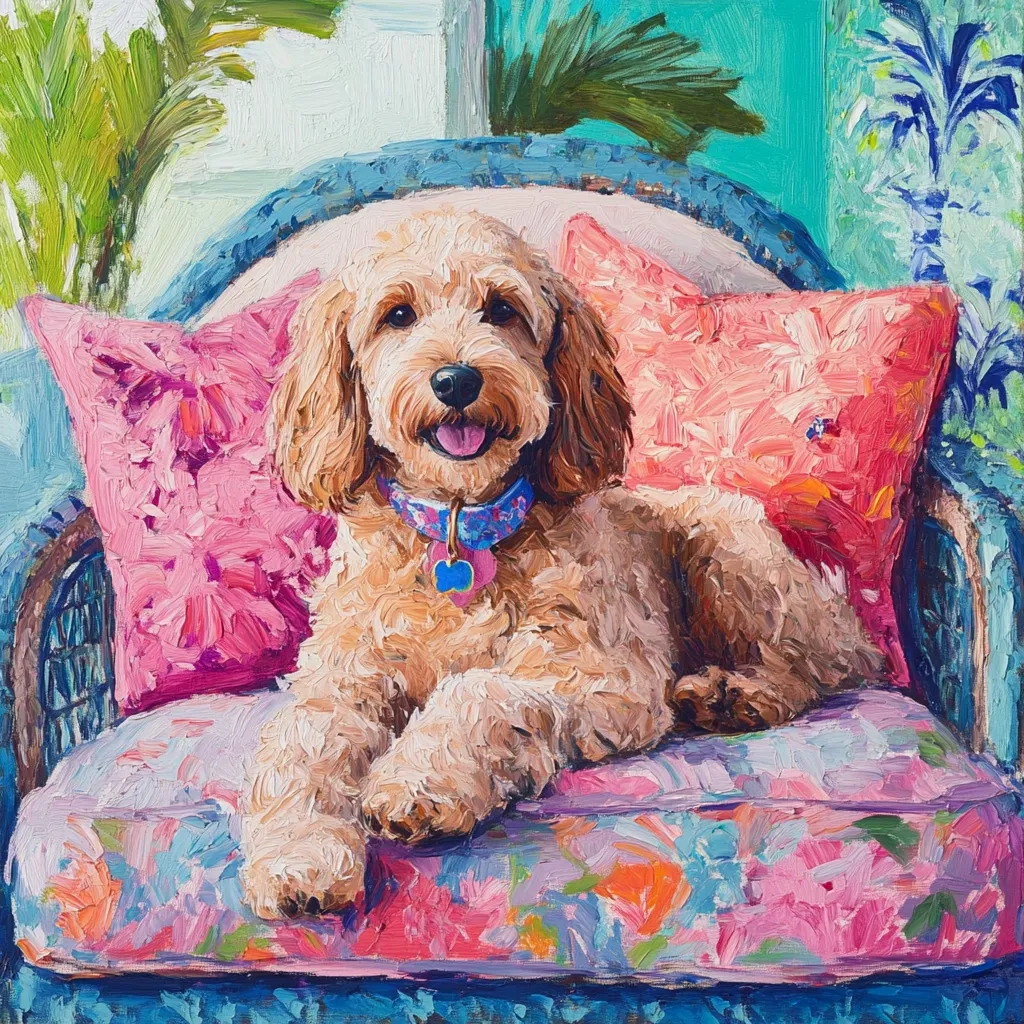 A fluffy, light brown Goldendoodle dog lounges contentedly on a vibrant floral armchair.  The chair is adorned with pink and multicolored patterned cushions.  The background features hints of lush greenery, creating a bright, cheerful, and tropical atmosphere. The dog is wearing a blue collar with a tag, and its expression is relaxed and happy. The painting style is impasto, with visible brushstrokes adding texture.