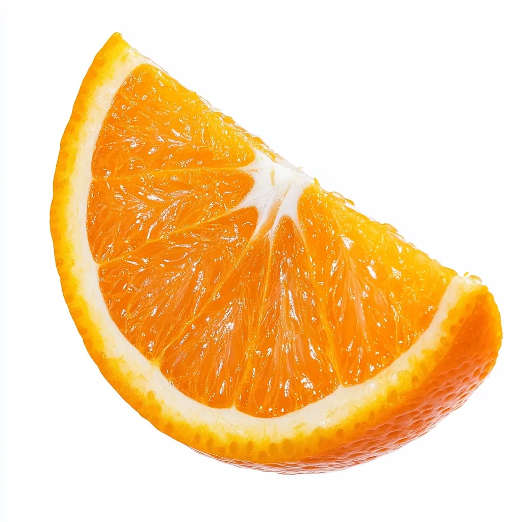 A vibrant slice of orange, showcasing its juicy, bright orange segments and glistening texture.  The rind is a slightly lighter orange, contrasting beautifully with the rich inner flesh. The image is set against a stark white background, emphasizing the fruit's color and detail.
