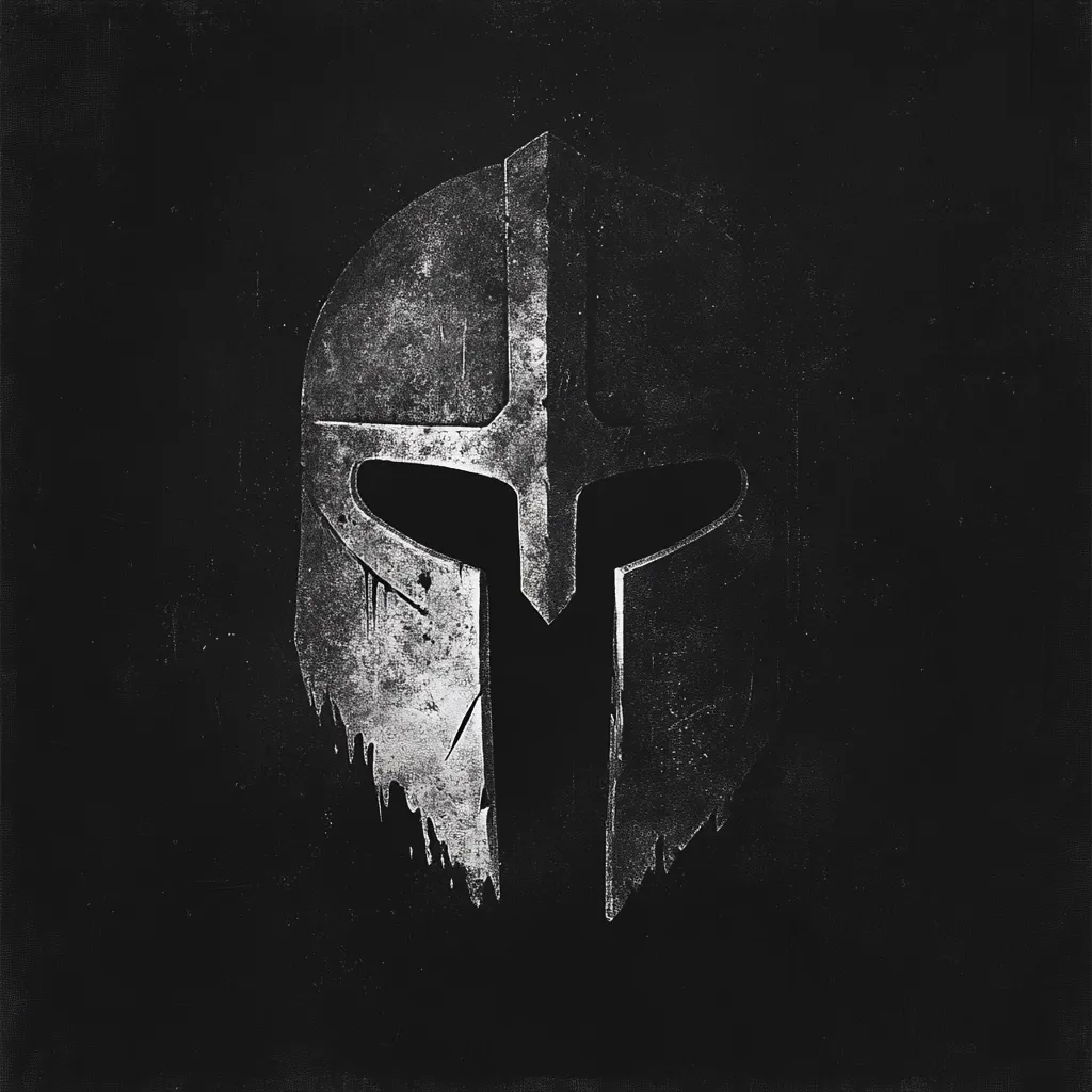 A grayscale image depicts a weathered, ancient Greek-style helmet against a dark background. The helmet's surface shows signs of age and battle damage, with a textured appearance suggesting wear and tear.  The design is stark and powerful, emphasizing the helmet's imposing presence. The dark background enhances the contrast, focusing attention on the helmet's details.