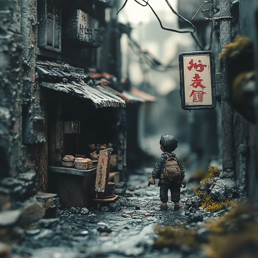 A miniature figure with a backpack stands in a weathered, desolate alleyway.  The alley is lined with aged, dilapidated buildings, one of which appears to be a small shop selling stacked goods.  A sign in Chinese characters hangs overhead. The overall atmosphere is somber and evocative of a post-apocalyptic or forgotten place. The scene is meticulously detailed, creating a compelling sense of scale and isolation.