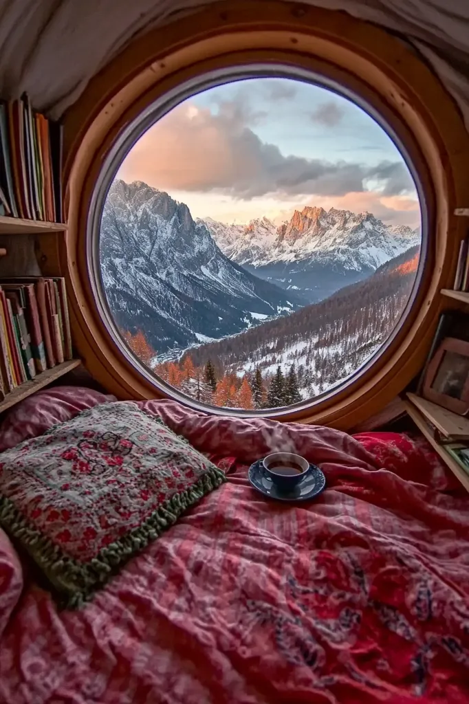 A cozy bed nestled in a circular room offers a breathtaking view of snow-capped mountains through a large, round window.  Bookshelves flank the bed, adding to the intimate atmosphere. A steaming cup of tea sits on the crimson bedding, completing the scene of peaceful mountain seclusion. The soft, warm light of sunrise or sunset bathes the landscape in a serene glow.
