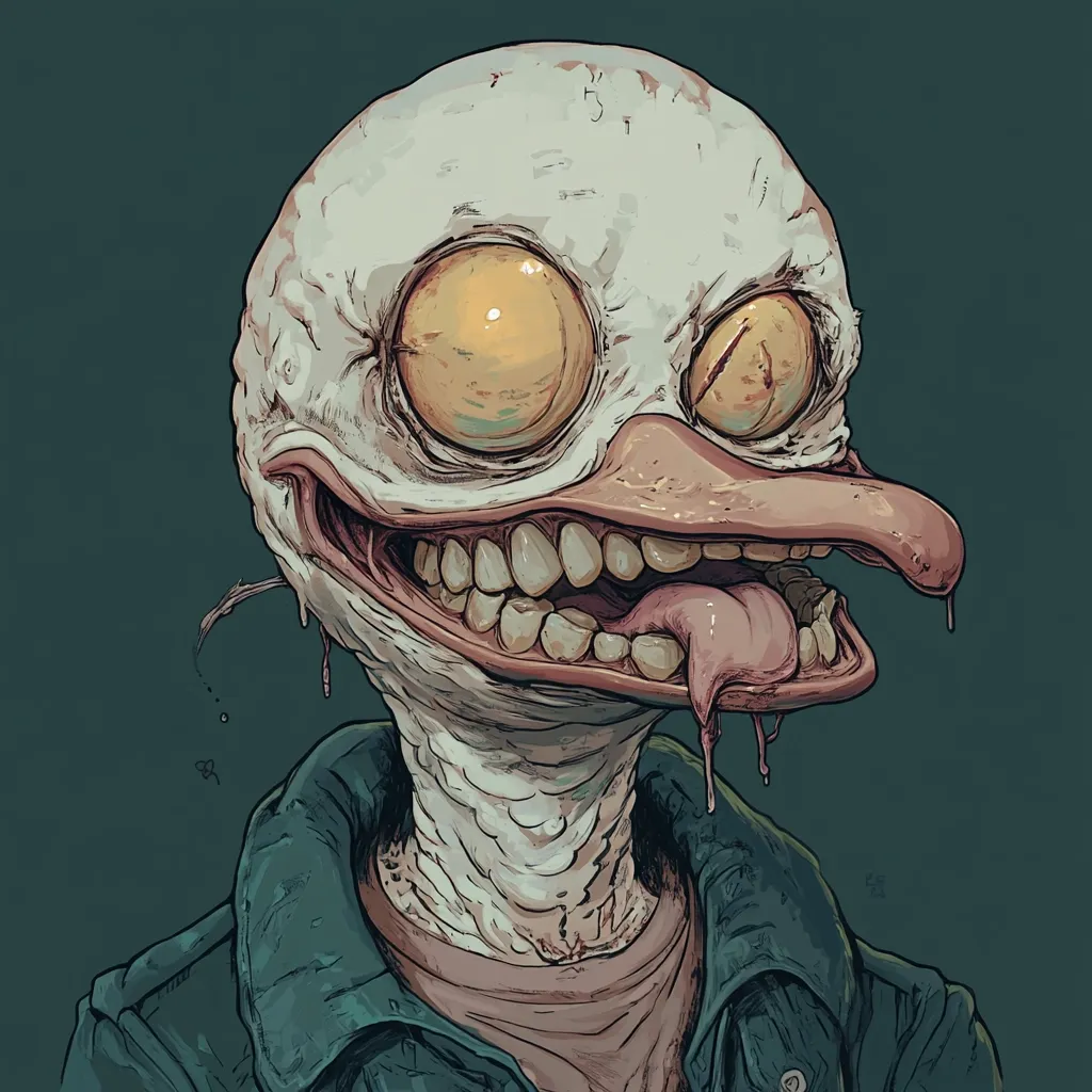 A stylized illustration depicts a grotesque duck-like creature.  Its skin is pale and textured, its eyes bulging and yellow, and its mouth is open in a wide, unsettling grin revealing numerous sharp teeth.  A long tongue drools from its maw.  The creature wears a teal jacket over a light-colored shirt.  The overall style is dark and unsettling, with a heavy emphasis on texture and detail.