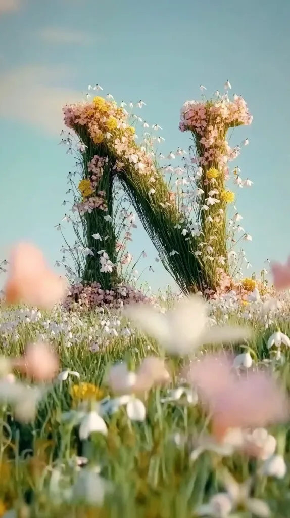 A vibrant image depicts the letter "N" crafted from lush greenery and adorned with an array of delicate wildflowers in soft pastel hues.  The letter stands in a field of similar blossoms, creating a harmonious and whimsical scene against a clear, light blue sky.  The overall impression is one of springtime freshness and natural beauty.