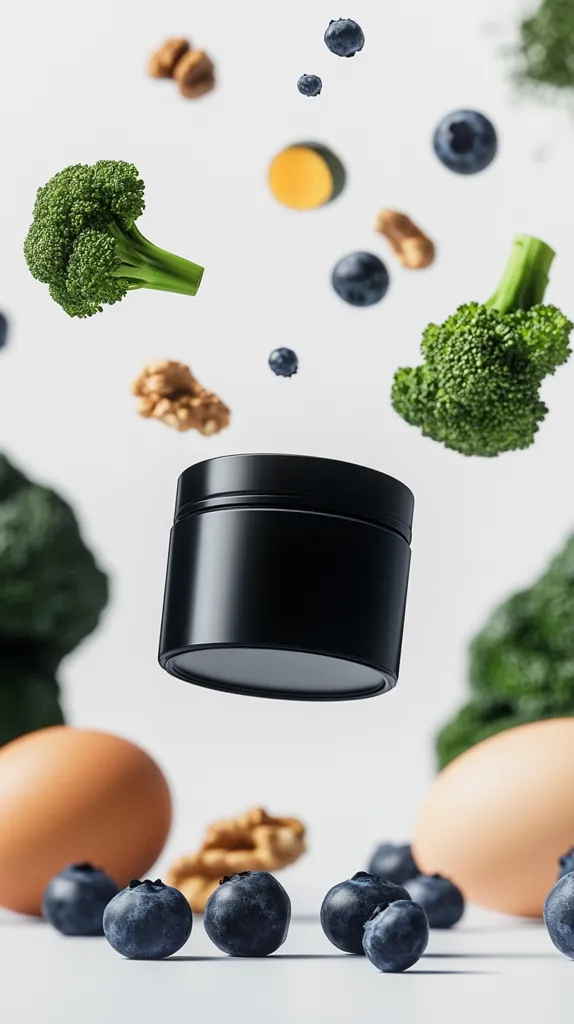A black jar floats amidst falling blueberries, broccoli florets, walnuts, and eggs.  The image suggests a healthy lifestyle or a product promoting wellness. The vibrant colors of the fresh produce contrast with the sleek, dark jar, emphasizing its potential contents as a nutritional supplement or skincare product.  The overall aesthetic is clean, bright, and visually appealing.