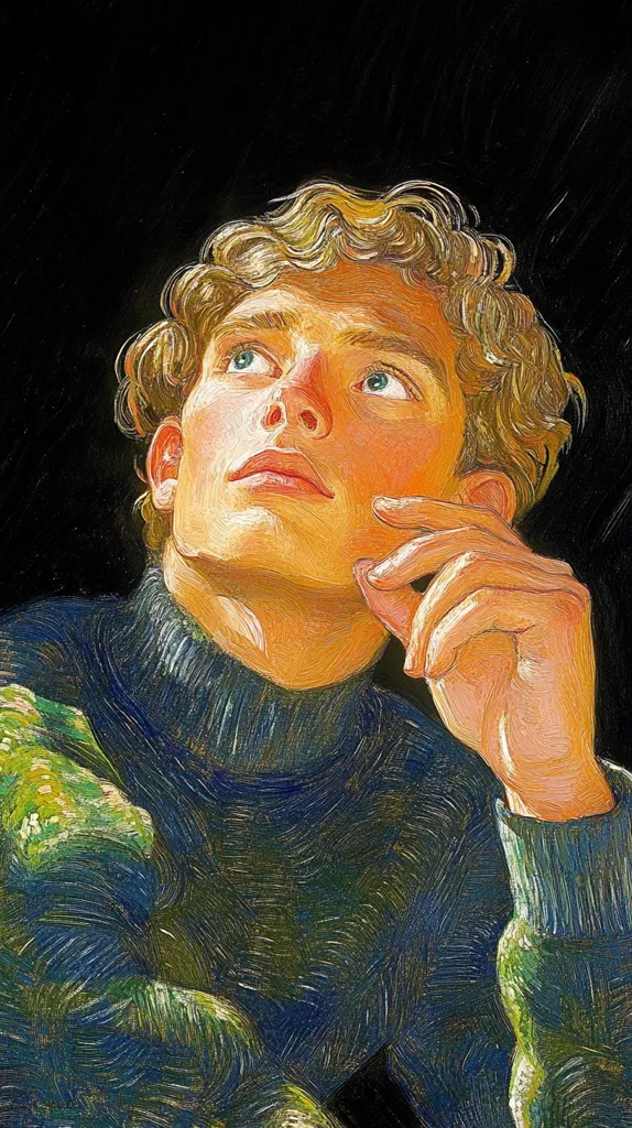 A stylized portrait of a young man with curly blond hair, painted in the manner of Van Gogh.  He wears a dark turtleneck sweater and looks upward, his hand gently resting on his chin. The impasto technique creates a textured, vibrant image with visible brushstrokes, emphasizing the subject's contemplative expression against a dark background.  The warm tones of his skin contrast with the cool blues and greens of his clothing.