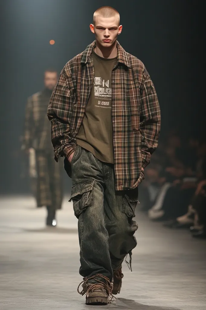 A male model strides down a runway, showcasing a relaxed yet stylish ensemble.  He sports a brown and beige plaid oversized shirt layered over a muted olive green t-shirt with graphic print.  Dark denim cargo pants and sturdy brown hiking boots complete the look, creating a blend of rugged and contemporary fashion.  His buzz cut adds to the overall understated yet impactful aesthetic.