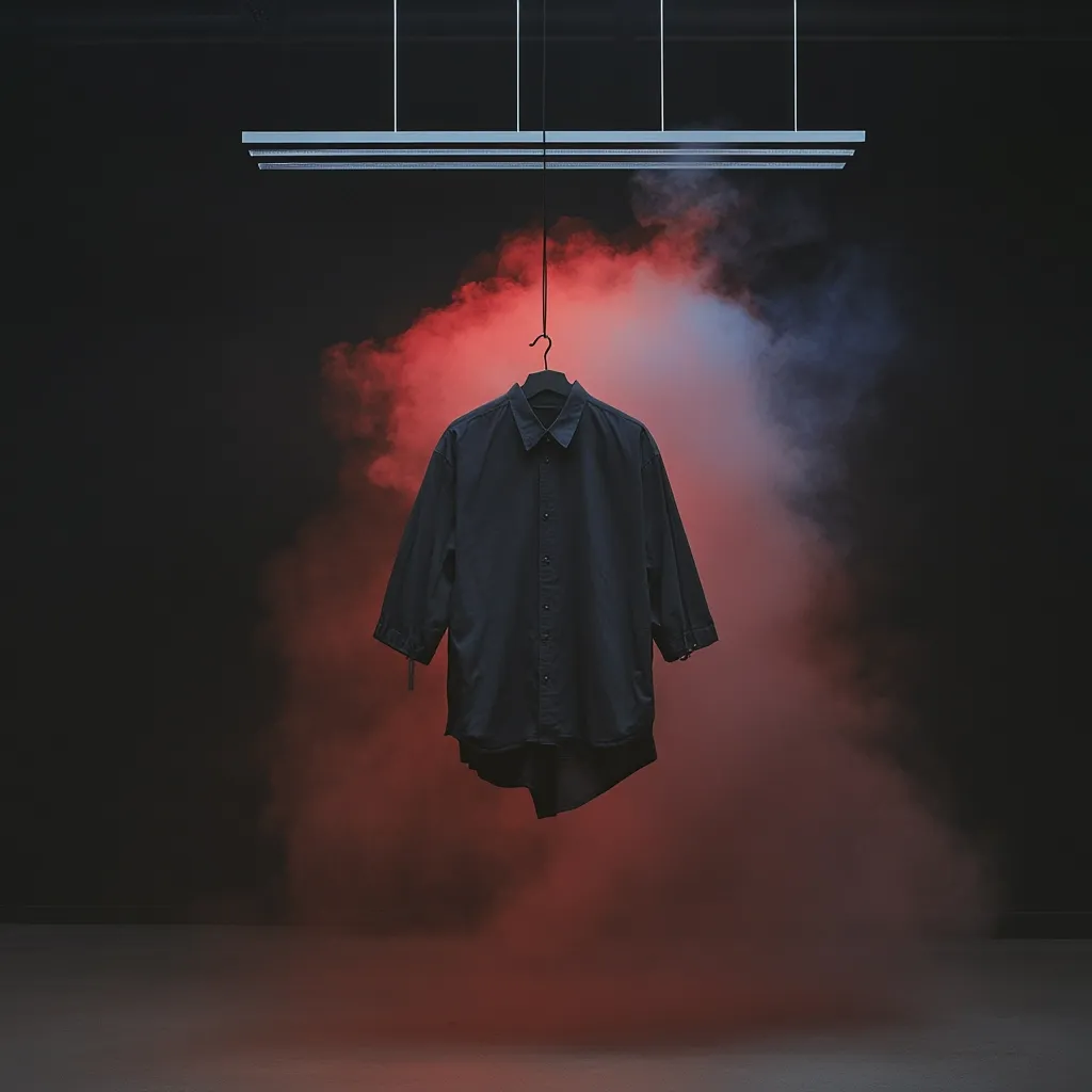 A dark, moody image showcases a black, oversized shirt hanging from a simple black hanger against a backdrop of red and blue smoke.  The shirt has three-quarter sleeves and a collared button-down front.  A minimalist silver hanging light fixture is visible above. The overall aesthetic is stark and stylish, emphasizing the garment's simple elegance.