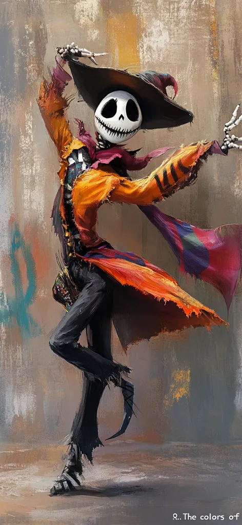 A stylized skeletal figure, reminiscent of Jack Skellington, dances vibrantly.  Clad in a tattered orange coat and wide-brimmed hat, the character's pose is dynamic and expressive.  The painting style is loose and expressive, utilizing bold brushstrokes and a muted color palette that contrasts with the character's bright attire. The background suggests an urban, slightly grungy setting.