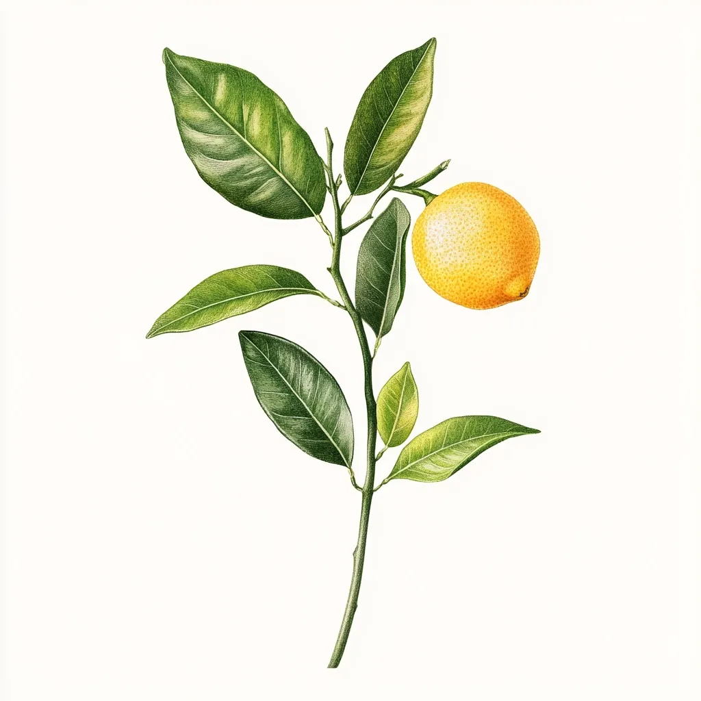 A botanical illustration showcases a single, ripe lemon nestled amongst vibrant green leaves on a slender branch.  The lemon is a rich yellow, and the leaves exhibit detailed veining. The artwork is rendered with a meticulous style, suggesting a watercolor or colored pencil technique. The background is plain white, allowing the citrus sprig to stand out prominently.