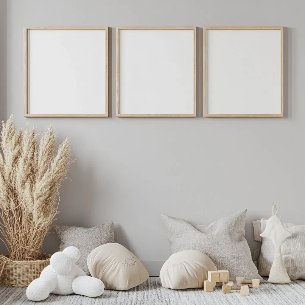 A minimalist nursery features three light wood framed blank canvases on a pale grey wall.  Below, a calm arrangement includes beige and grey cushions, plush white cloud-shaped toys, a woven basket with pampas grass, and small wooden blocks on a light grey rug. The overall aesthetic is serene and modern.