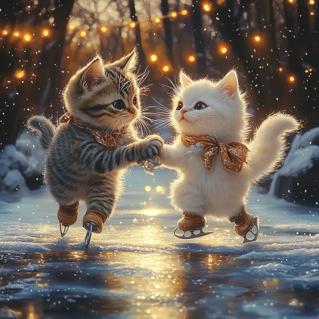 Two adorable kittens, a tabby and a white Persian, ice skate together on a frozen pond.  They wear tiny skates and gold bows, holding paws as they glide across the glistening ice.  A snowy, winter wonderland setting with warm string lights illuminates the scene, creating a magical and heartwarming moment.