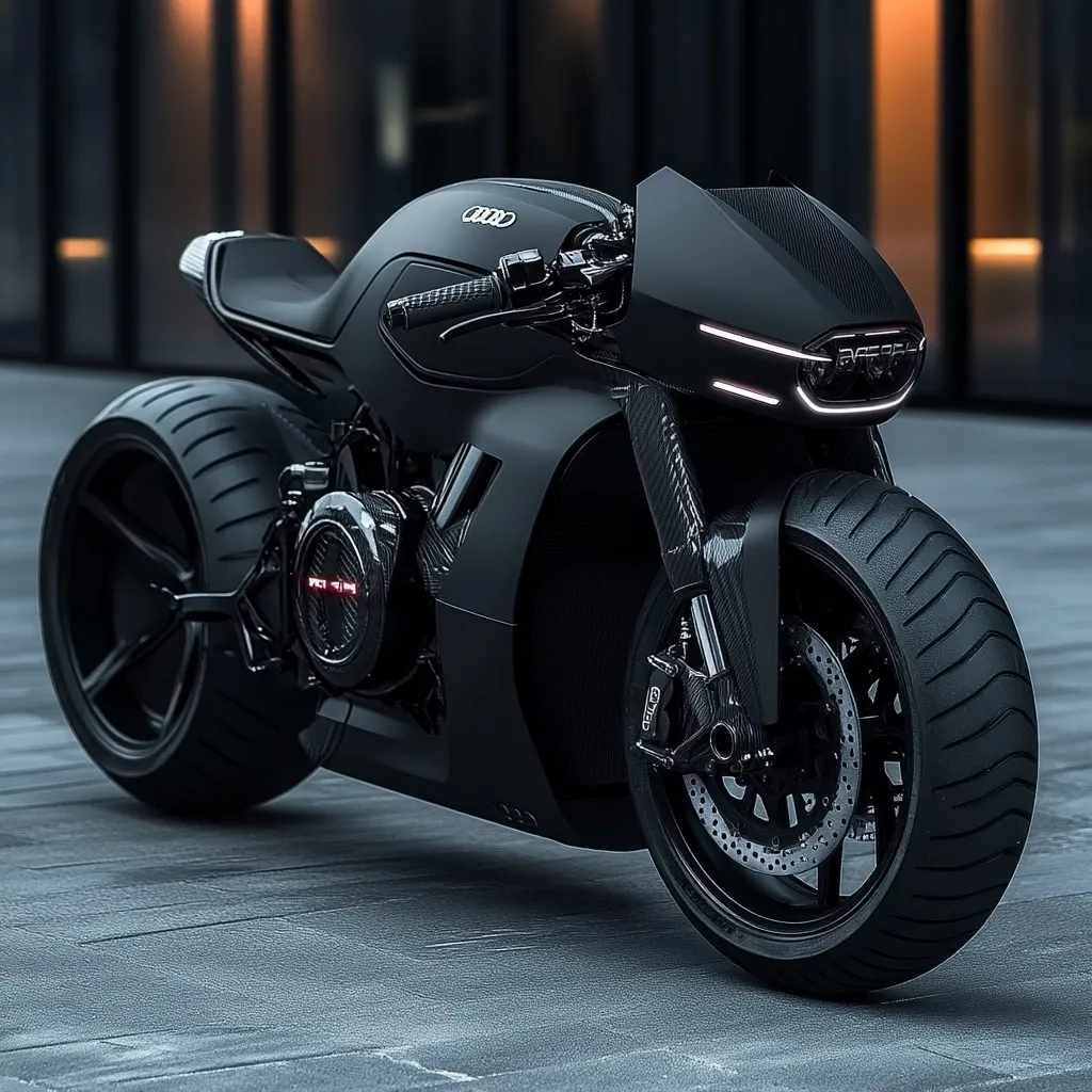 A sleek, all-black custom motorcycle dominates the frame.  Its futuristic design features exposed carbon fiber components, large wheels with thick tires, and minimalist aesthetics.  The motorcycle's body is low-slung and aerodynamic, with a prominent headlight featuring LED accents. The Audi logo is subtly displayed, adding a touch of premium branding.  The overall impression is one of power and refined design.