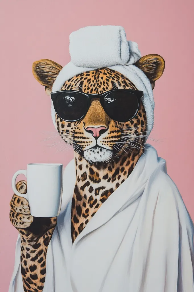 A stylish leopard, sporting sunglasses and a white bathrobe with a towel on its head, enjoys a mug of coffee.  The leopard's sophisticated look is accentuated against a pale pink background, creating a humorous and engaging image.  The detailed rendering of the leopard's fur and the smooth texture of the robe contrast beautifully.
