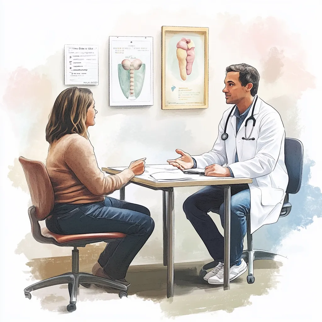A female patient sits across a small table from her doctor during a consultation.  The doctor, in a white coat, gestures as he speaks.  Anatomical charts of the spine and possibly the pelvis are visible on the wall behind them.  The scene is depicted in a soft, watercolor-like style, suggesting a calm and professional medical setting.