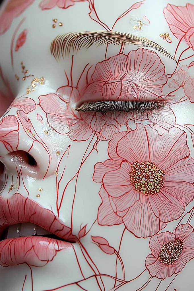 A close-up showcases a face adorned with delicate, red floral artwork.  The design features intricate linework and subtle gold accents, creating a porcelain-like effect.  The model's eyes are closed, enhancing the serene and ethereal atmosphere. The overall aesthetic is one of delicate beauty and artistic intricacy.