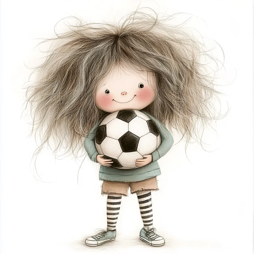 A charming illustration depicts a girl with wildly tousled hair, clutching a soccer ball close to her chest.  She's dressed in a teal shirt, tan shorts, and striped leggings, completing her adorable, whimsical appearance.  Her rosy cheeks and happy expression radiate youthful joy and a love for the game. The style is reminiscent of children's book illustrations.