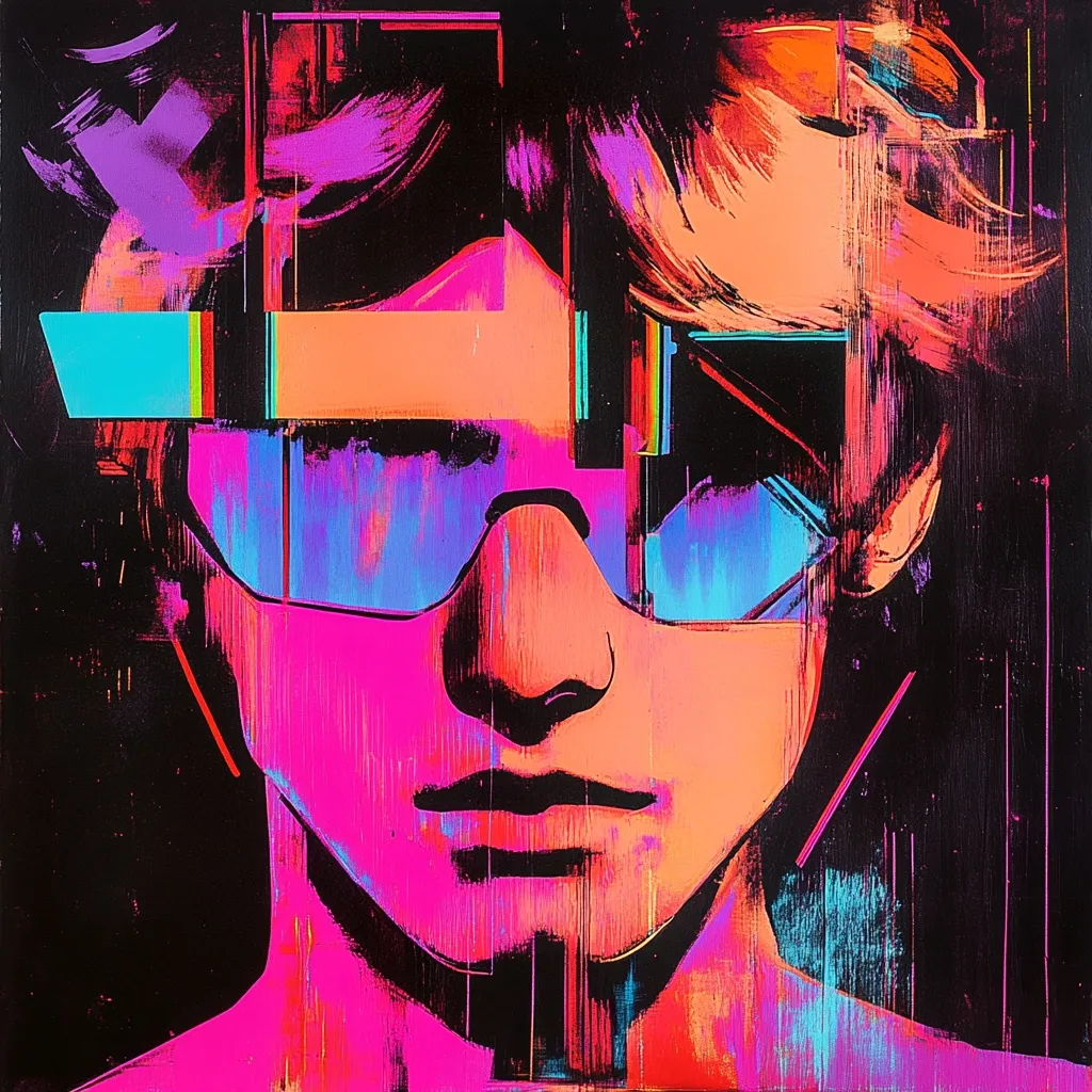A vibrant, stylized portrait of a person with short hair wearing sunglasses. The artwork is dominated by bold, contrasting colors of pink, orange, and turquoise, creating a neon-like effect.  The style is abstract expressionism, with fragmented brushstrokes and a glitch-art aesthetic suggesting digital interference. The subject's face is partially obscured, adding to the mysterious and modern feel.