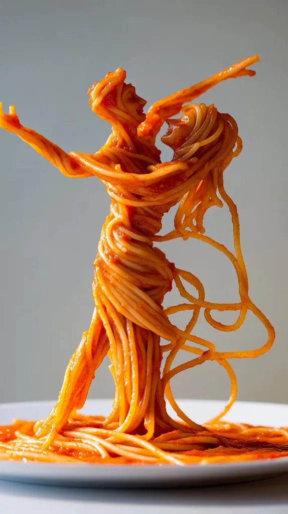 A captivating image showcases a culinary sculpture crafted from spaghetti and tomato sauce.  Two figures, intertwined in an embrace, are formed from the pasta, their poses suggesting a passionate dance or a tender moment.  The vibrant red sauce clings to the strands, enhancing the dramatic effect. The entire creation rests on a simple white plate, creating a striking contrast.