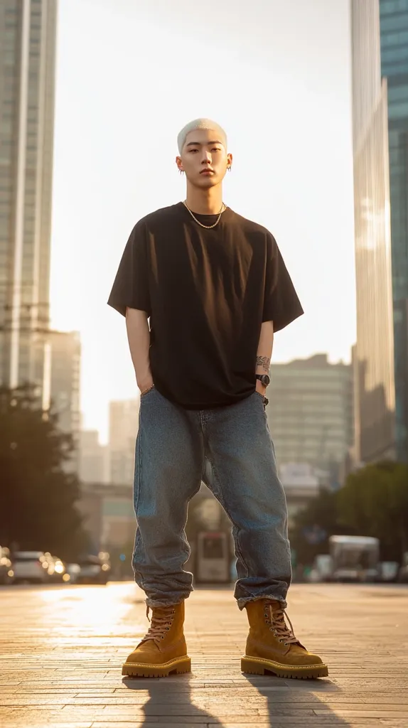 A young man with platinum blonde hair stands in the city, bathed in golden sunlight. He's wearing a black oversized t-shirt, loose-fitting denim jeans cuffed at the ankles, and tan work boots. His hands are in his pockets, and he has a calm, confident expression. The urban background is blurred, focusing attention on the stylishly dressed individual.