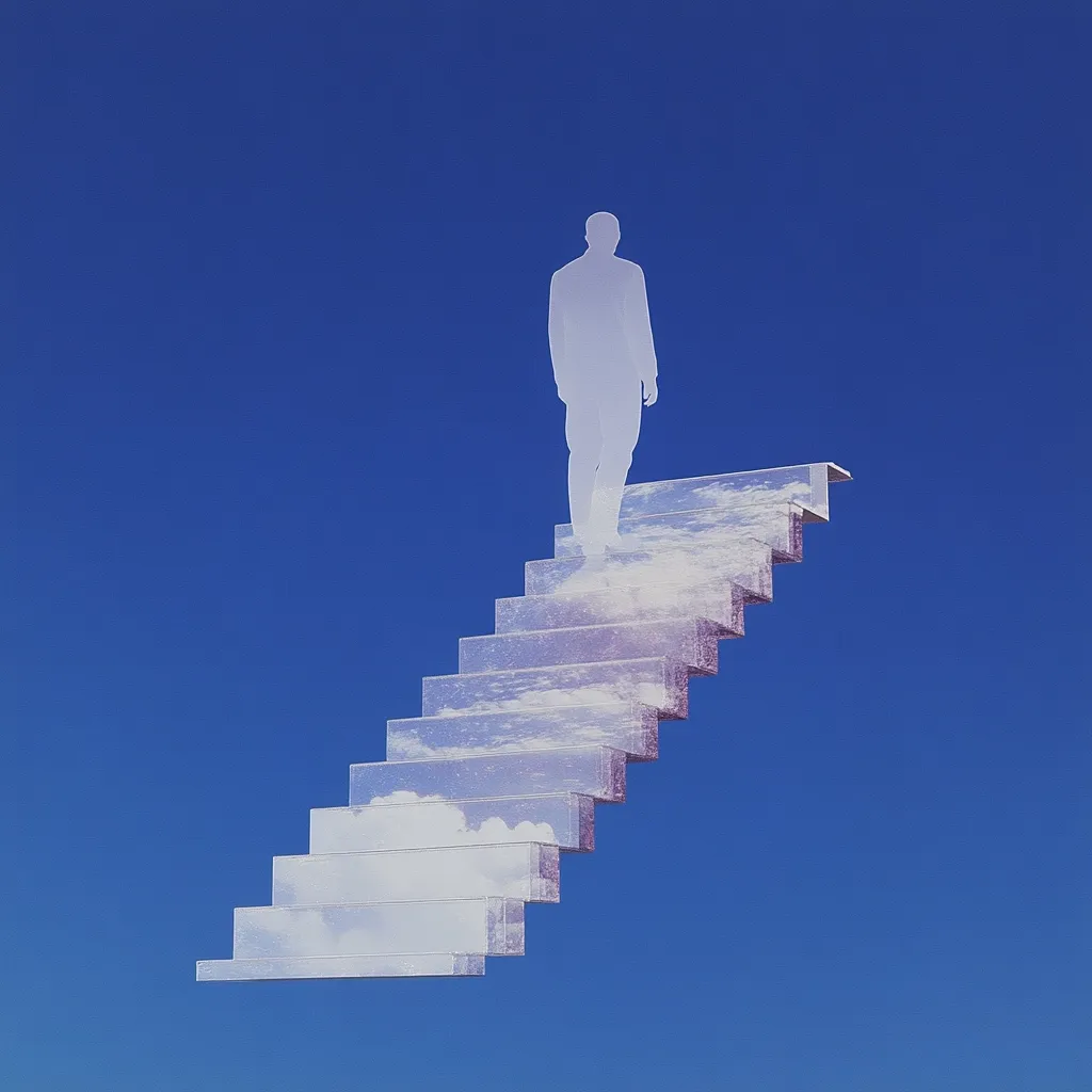 A translucent figure of a man ascends a staircase that appears to be made of clouds against a vibrant blue sky.  The stairs and the man are ethereal, suggesting a journey towards an unseen goal or a spiritual ascension. The image evokes a sense of hope, ambition, and the pursuit of something beyond the tangible.