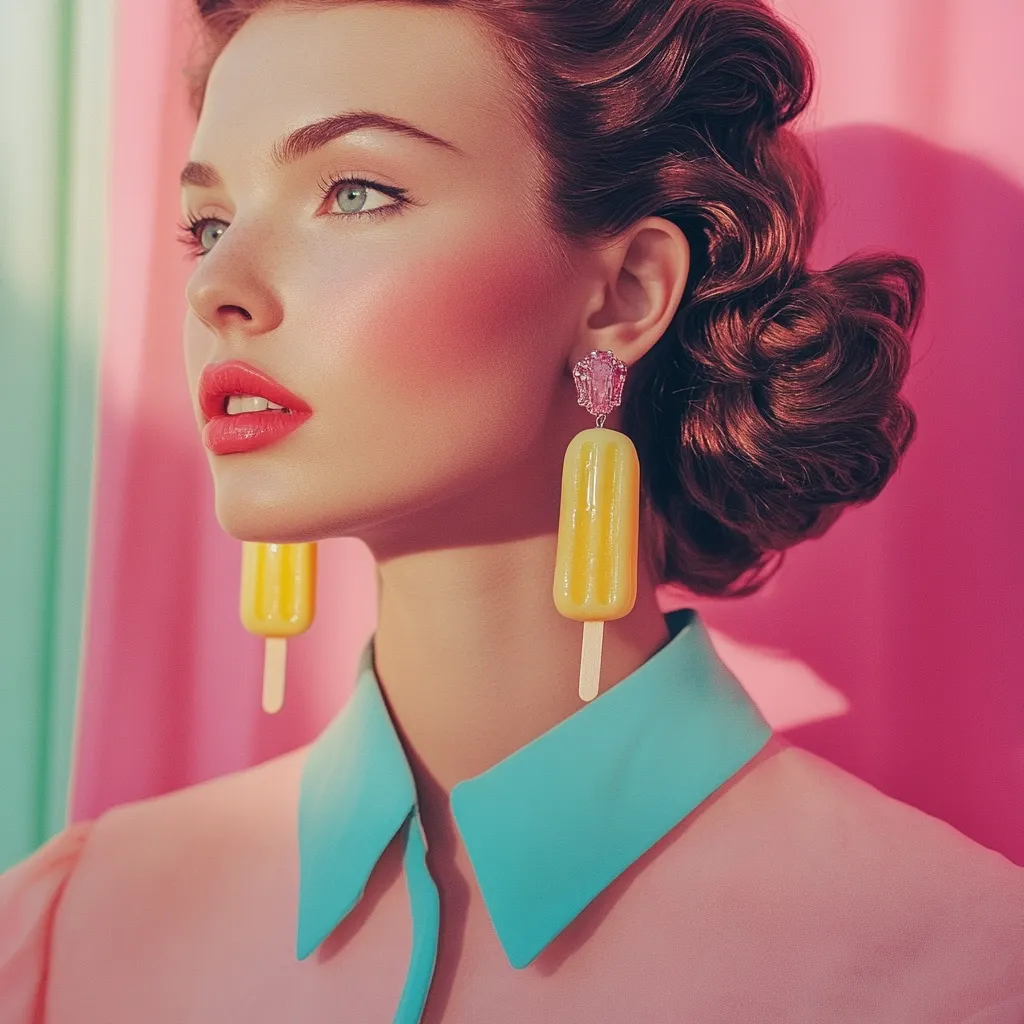A woman with styled auburn hair and vibrant makeup wears a pink shirt with a teal collar.  Her striking feature is a pair of popsicle-shaped earrings, adding a playful contrast to her retro-inspired look. The backdrop is a pastel pink and teal, enhancing the image's overall whimsical and summery aesthetic.  The lighting is soft and warm, highlighting her flawless complexion.