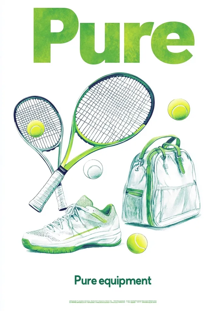 A vibrant illustration showcases "Pure" in stylized green lettering above a collection of tennis equipment.  Two tennis rackets, a pair of tennis shoes, a tennis bag, and several tennis balls are artfully arranged. The words "Pure equipment" are displayed at the bottom, emphasizing the clean and high-quality nature of the sporting goods. The overall aesthetic is clean, modern, and emphasizes a sense of purity and quality.