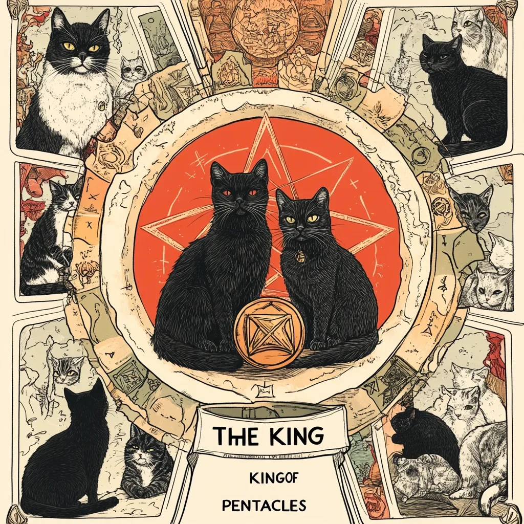 This captivating illustration depicts the "King of Pentacles" tarot card, reimagined with cats.  Two black cats, centrally positioned, sit majestically before a pentagram within a circular frame.  Surrounding them, smaller images of various cats adorn tarot-style cards, creating a whimsical, mystical atmosphere. The overall style is detailed and reminiscent of vintage illustrations.