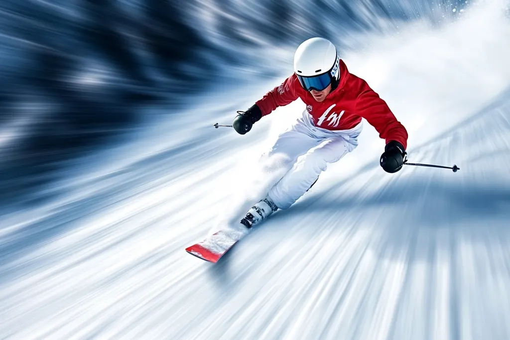 A skier in a red jacket and white pants speeds down a snowy slope.  The motion blur emphasizes the skier's rapid descent, creating a dynamic and energetic image.  The skier is wearing a helmet and goggles, showcasing a commitment to safety and speed.  The scene is filled with the excitement of downhill skiing.