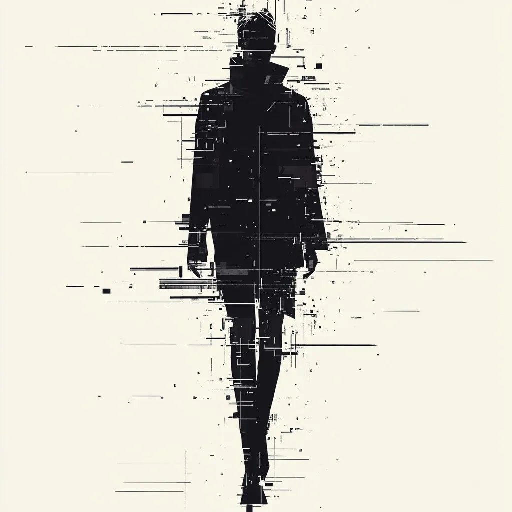 The image is a stylized depiction of a person walking, rendered in shades of black and white.  The figure appears as a silhouette, partially fragmented and glitching, suggesting a digital or technological distortion.  The effect creates a sense of movement and anonymity, with the overall aesthetic being minimalist and slightly abstract. The background is a muted off-white, contrasting sharply with the dark figure.