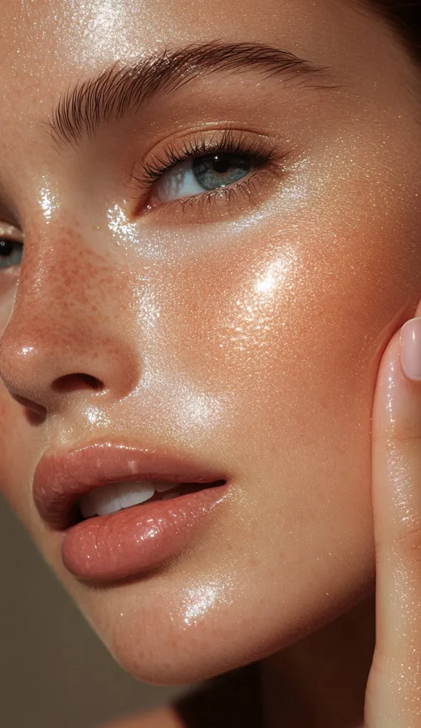 Close-up of a woman's face, showcasing a radiant, dewy complexion.  Her skin has a subtle shimmer, accentuated by a light application of makeup.  Natural freckles are visible, adding to her sun-kissed appearance.  Her lips are glossy, and her eyes are lightly defined, enhancing her natural beauty.  The overall effect is one of glowing, healthy skin.