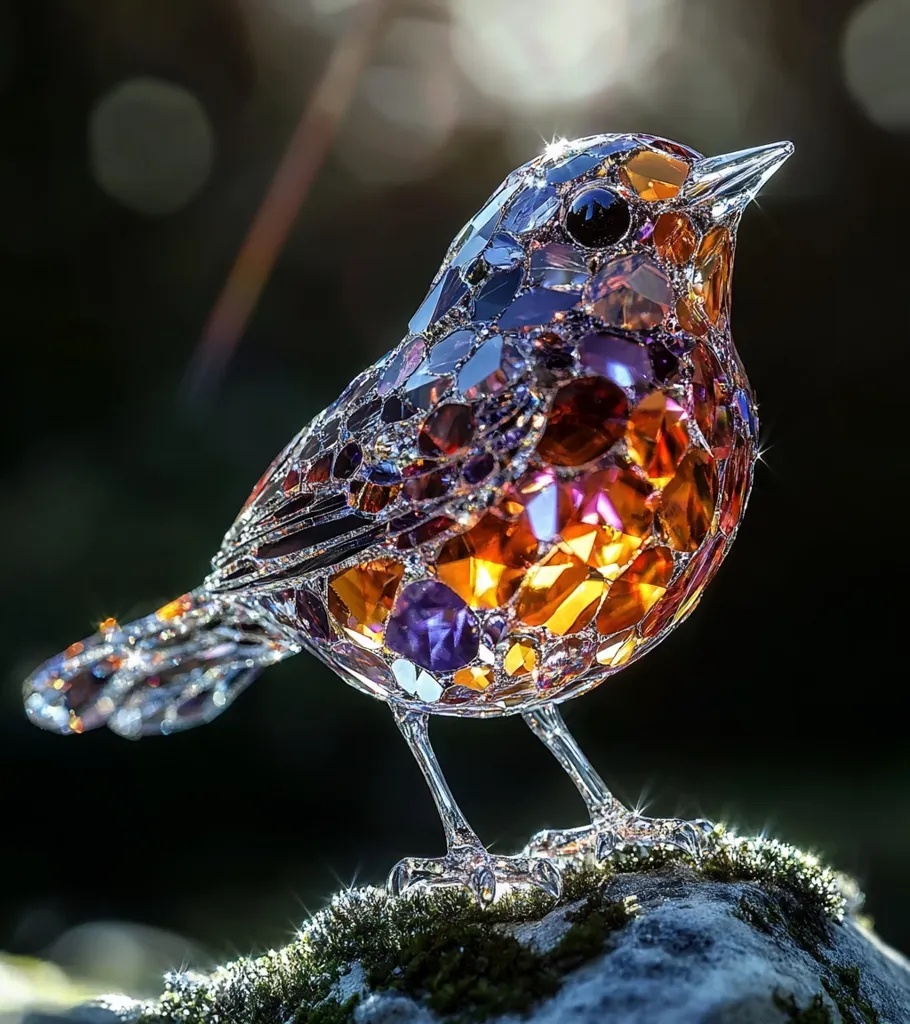 A stunning, crystalline robin sculpture is perched on a moss-covered rock.  The bird is crafted from intricately assembled pieces of glass in shades of amber, purple, and clear, catching the light to create a dazzling display.  Its tiny, detailed legs and beak are clearly visible, enhancing the realism of the piece.  The background is blurred, focusing attention on the exquisite craftsmanship of the artwork.