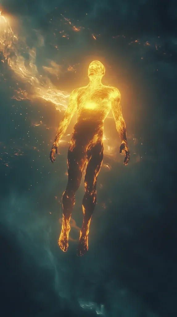 A digital rendering depicts a human figure composed of fiery, glowing particles, suspended in a dark, cosmic space.  The figure's form is ethereal, almost translucent, with light emanating from its core.  Surrounding the figure are swirling nebulae and sparks, creating a sense of otherworldly energy and transcendence. The overall mood is mystical and awe-inspiring.
