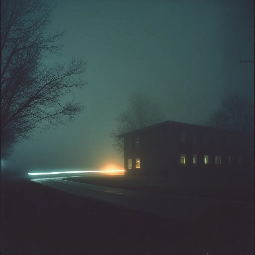 A dark, single-story house stands silhouetted against a foggy night.  Faint light glows from its windows. A curving road stretches towards a distant, bright light, which creates a long light trail from a passing vehicle. Bare trees frame the scene, adding to the atmosphere of mystery and isolation.  The overall mood is somber and atmospheric.