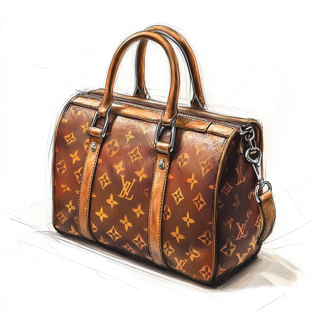 A stylish illustration depicts a Louis Vuitton handbag.  The handbag is brown, showcasing the iconic monogram canvas.  It features dual top handles and a detachable shoulder strap.  The artist's rendering combines a realistic portrayal of the leather texture with sketch-like outlines, creating a detailed yet artistic image.  The bag rests on a subtly shaded, off-white background.