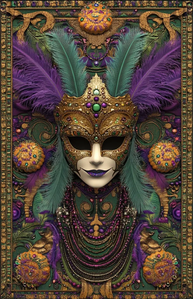 A lavishly decorated Mardi Gras mask takes center stage, adorned with gold, purple, and teal feathers.  The mask itself is intricately designed with gold filigree and jeweled accents.  It's surrounded by a rich tapestry of green and gold, featuring ornate details and glittering king cakes.  The overall effect is one of opulence and festive celebration.