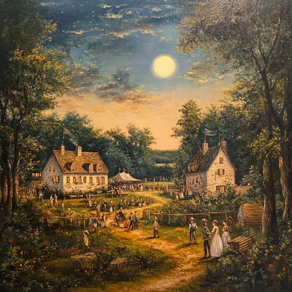 A pastoral scene unfolds under a luminous full moon. Two colonial-era houses flank a gathering of people enjoying a festive occasion.  A large tent suggests a celebratory event, with figures dressed in period clothing milling about. Lush greenery, trees, and a meandering path complete the idyllic rural setting. The artwork evokes a sense of community and tranquility.
