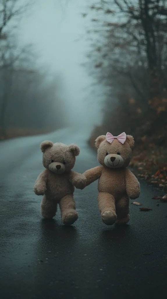 Two teddy bears, one with a pink bow, walk hand-in-hand down a misty road.  The scene is shrouded in fog, with bare trees lining the path.  The wet asphalt reflects the dim light, creating a melancholic, almost lonely atmosphere. The bears' small size emphasizes the vastness of their surroundings.