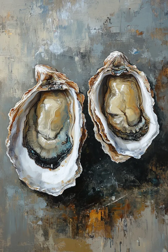 A close-up painting depicts two oyster shells, meticulously detailed with varying shades of beige, white, and gray. The shells rest on a textured background of muted grays and browns, showcasing a blend of oil or acrylic paint techniques.  The artist uses impasto to create a three-dimensional effect on the shells against the backdrop's abstract, textured surface. The overall style is realistic yet with an artistic interpretation of the subject.