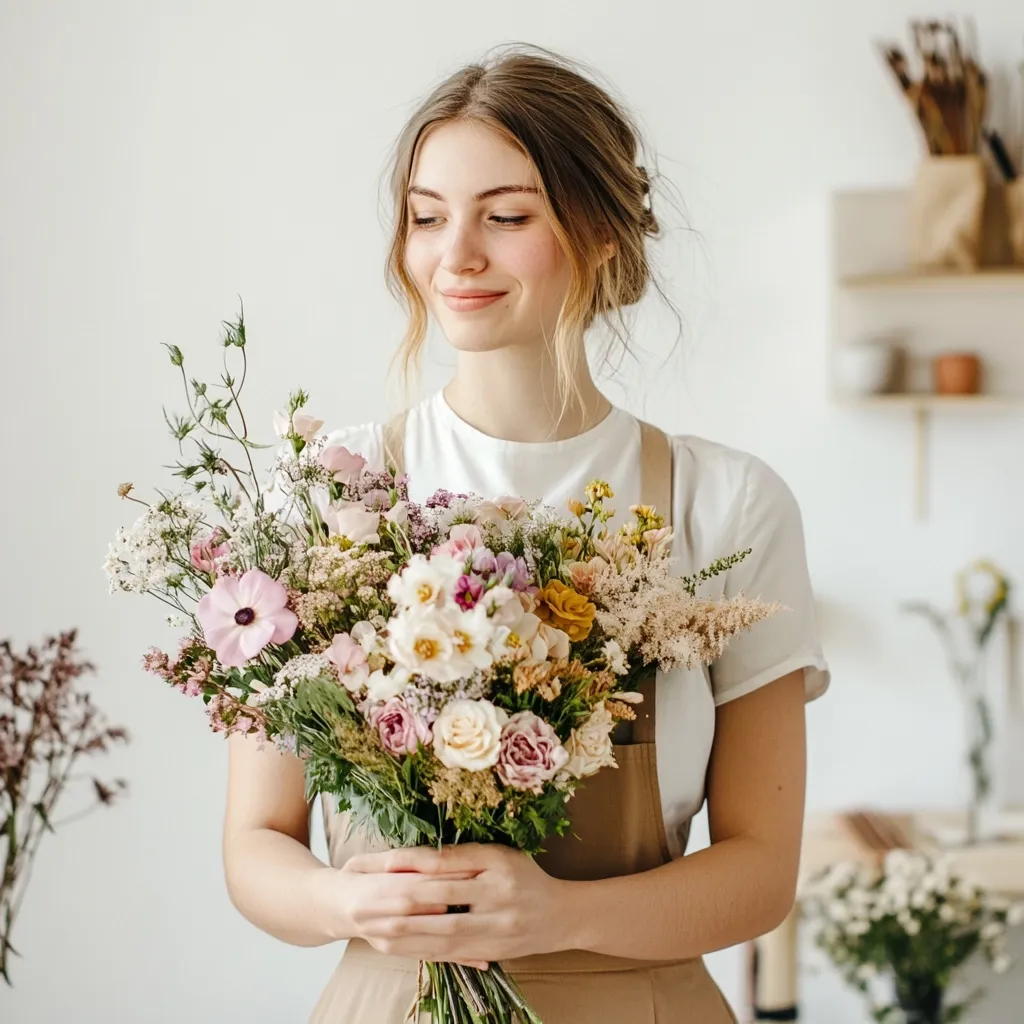 A young woman, with her hair neatly styled, holds a large, vibrant bouquet of flowers.  The bouquet is a mix of pastel pinks, whites, and yellows, featuring various blooms and greenery. She is wearing a simple white shirt and beige overalls, suggesting a florist or someone involved in floral arrangement. Her expression is gentle and admiring as she looks down at the flowers she holds. The background is blurred, hinting at a light and airy workshop setting.