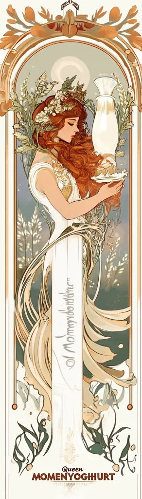 A stylized Art Nouveau illustration depicts a red-haired woman in a flowing white gown.  She holds a large glass vessel, possibly a vase or urn, filled with a light substance.  Floral elements and Art Nouveau flourishes frame the image, creating a decorative and elegant design.  The title "Queen Momenyogghurt" is displayed at the bottom. The overall aesthetic is soft and dreamy.