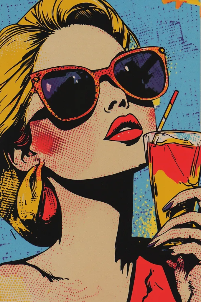 A vibrant pop art illustration depicts a stylish woman with blonde hair, oversized sunglasses, and large earrings.  She holds a cocktail glass, her red lips slightly parted. The artwork uses bold colors and Ben-Day dots, characteristic of pop art style, creating a retro and energetic feel.  The background is a stylized blue with splashes of color.