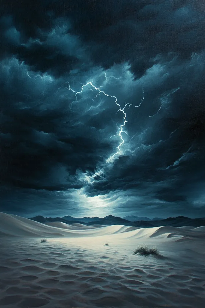 A dramatic painting depicts a vast, white sand desert under a stormy, dark sky.  A powerful lightning bolt streaks across the ominous clouds, illuminating the landscape.  The contrast between the bright flash and the deep, brooding darkness creates a powerful and evocative scene.  Distant mountains are barely visible on the horizon, adding to the sense of scale and isolation.