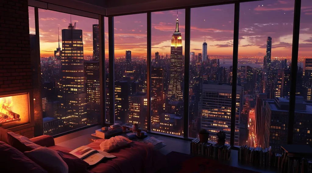 A cozy apartment boasts floor-to-ceiling windows showcasing a breathtaking sunset over a vibrant cityscape.  The Empire State Building is prominent in the distance. Inside, a warm fireplace crackles, complementing the soft lighting on a comfortable bed draped with blankets.  Books and mugs rest on a side table, creating a scene of tranquil urban living. The overall mood is serene and romantic.