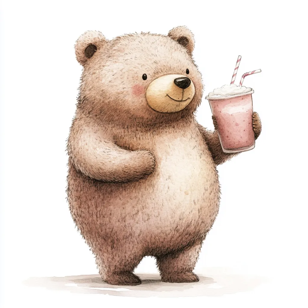 A charming illustration depicts a fluffy brown bear holding a refreshing pink milkshake.  The bear, drawn in a watercolor style, has a friendly expression and stands upright, clutching the drink with both paws.  The milkshake is topped with whipped cream and features two striped straws. The overall style is cute and whimsical, perfect for children's books or cards.